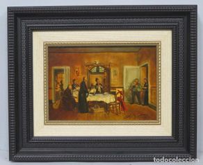 Art: BONITA ESCENA COSTUMBRISTA. OFRENDA AL SACERDOTE. OLEO S/ TABLEAU. ALFREDO VIÑAS